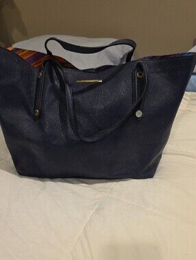 Steve Madden Navy Textured Tote with Gold Logo Plaque